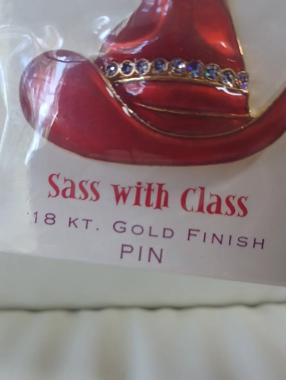 New In Pkg Red H'attitude Cowboy Hat Pin With Rhinestones and 18k Gold Finish - Picture 5 of 9